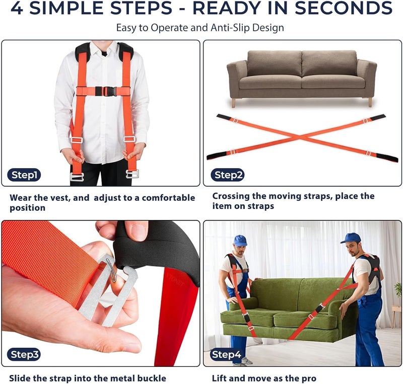 Ytonet Moving Straps, Lifting Straps for Move Furniture, 2-Person Shoulder Lifting and Moving System with Back Support for Appliances, Mattresses, Heavy Objects up to 800lbs, Round Sling, Orange - Image 4